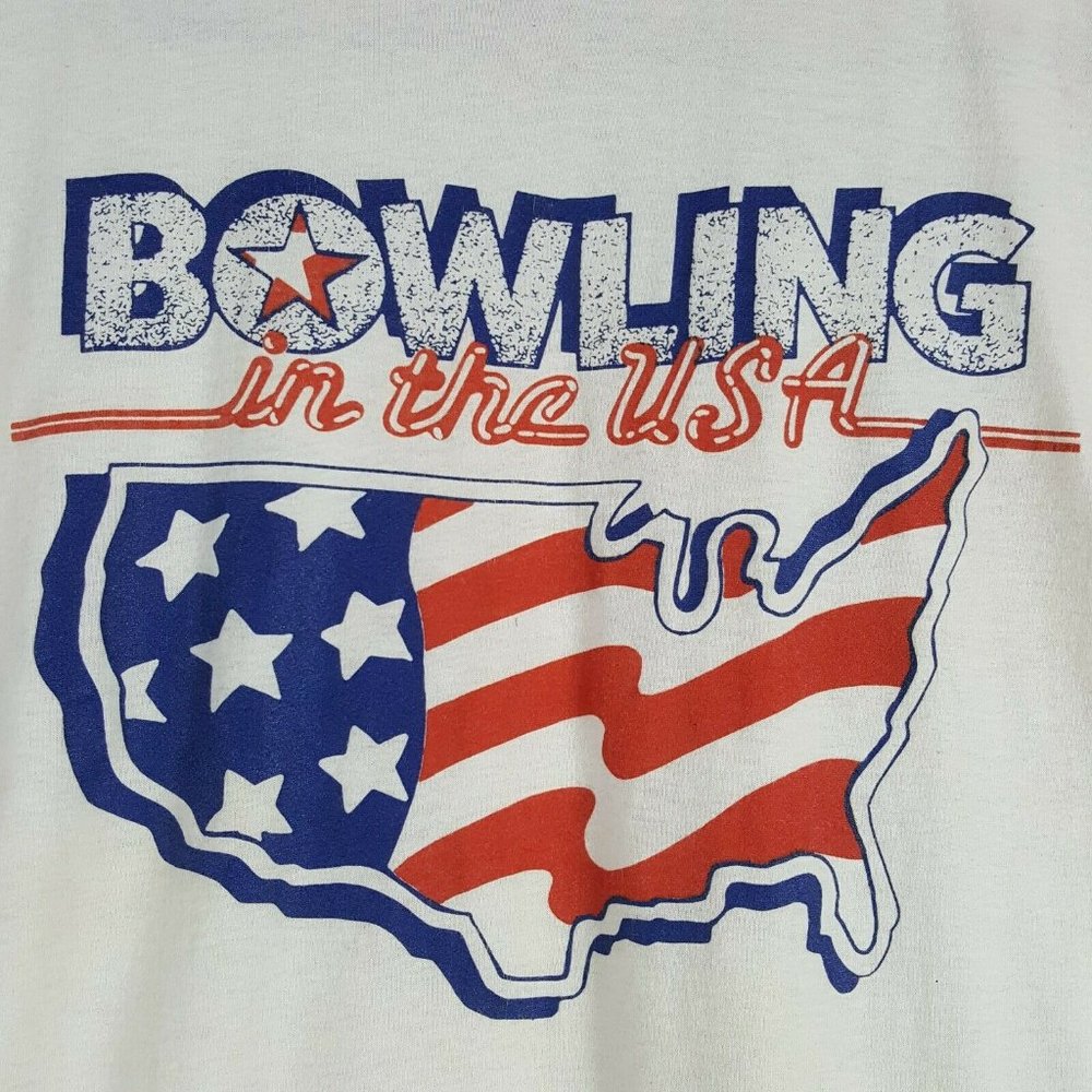 Vtg 80s Bowling USA Ringer T-Shirt M American Flag